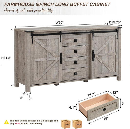 Farmhouse Sideboard Buffet Cabinet with Storage, 60" Large Kitchen Cabinet W/Sliding Barn Doors and 4 Drawers, 31.2'' Tall Rustic Wood Coffee Bar Table for Dining Room, Light Rustic Oak