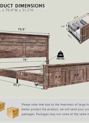 Farmhouse King Size Bed Frame with 51-Inch Tall Headboard, Wood Platform Design Featuring 20-Inch Roman Column Footboard and Three Spacious Storage Drawers, No Box Spring Required (Light Brown)