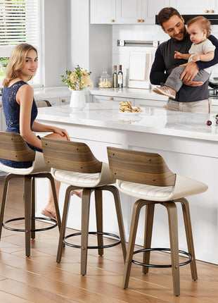 Set of 2 Mid Century Modern Swivel Counter Height Bar Stools, 26" Upholstered Faux Leather with Bentwood Back and Legs, Cream White for Kitchen Island and Dining Room