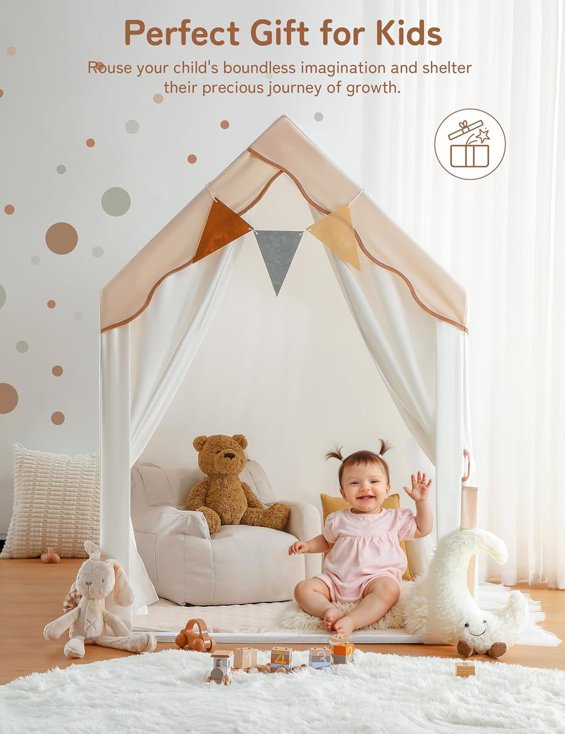 Kids Play Tent with Enclosure, Toddler Tent 2 in 1 with Padded Mat and Lights, Large Playhouse for Kids, Indoor & Outdoor, Christmas Toddler Playhouse, 69" X39" X 53"