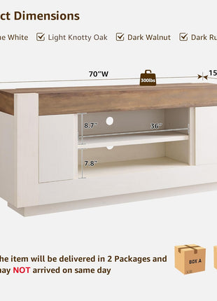 Contemporary 70-Inch TV Stand and Entertainment Center for TVs up to 80 Inches, Media Console with Generous Open Storage and Side Cabinets, Durable Wood Construction in Antique White Finish for Living Room