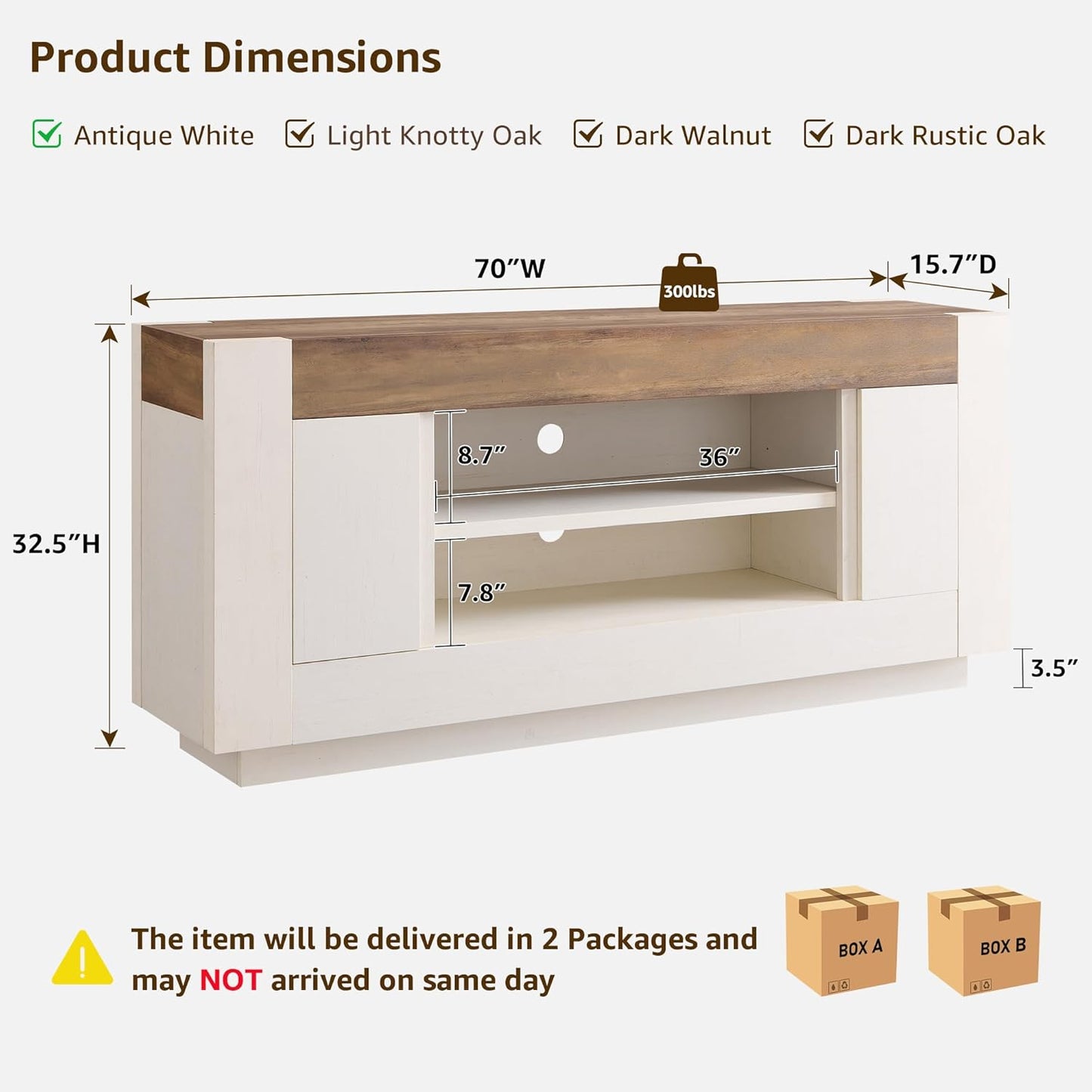 Modern 70" TV Stand, Entertainment Center for Tvs up to 80", Media Console with Large Open Storage & Side Cabinets, Thick Wood Design for Living Room, Antique White