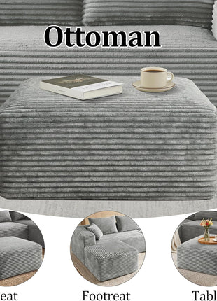 Oversized Foam Support Corduroy Ottoman for Living Room and Bedroom in Light Gray - No Assembly Required