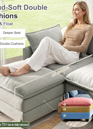 107" U-Shaped Modular Cloud Couch Sectional Sofa, 4-Seat Deep Seating with 6 Removable Washable Pillows and 2 Ottomans, Ideal for Living Room, Bedroom, or Apartment in Light Grey