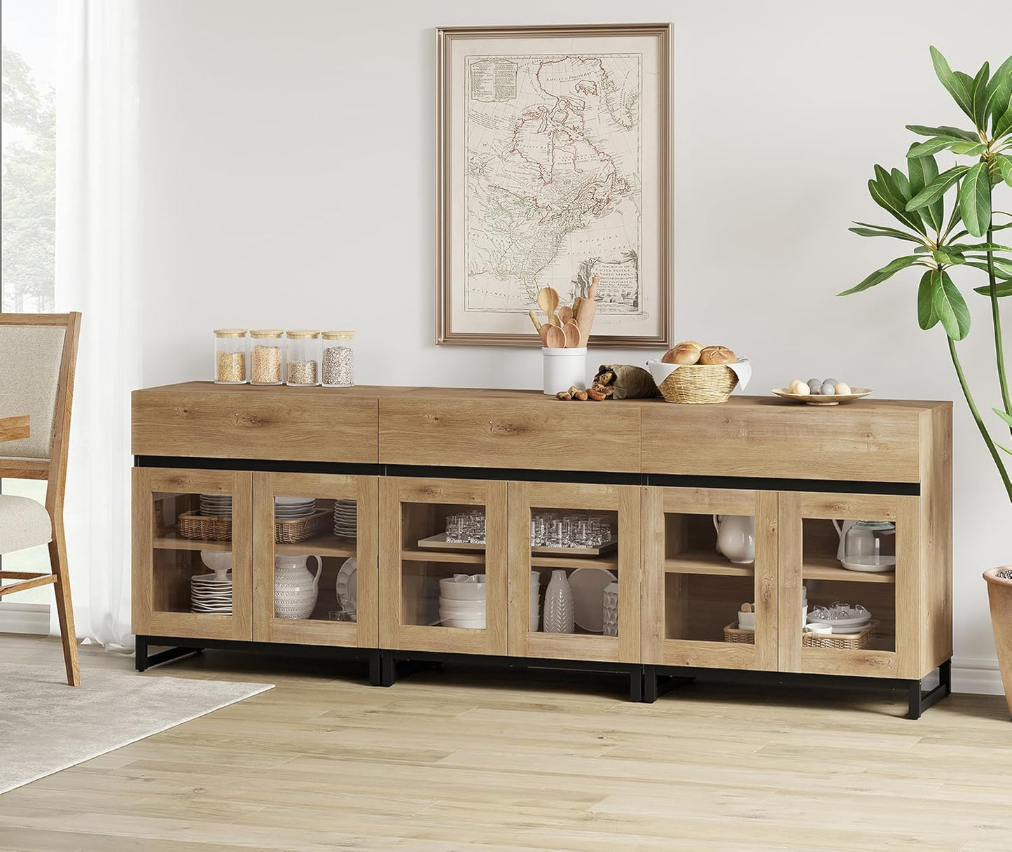 3 in 1 Multifunctional Sideboard Buffet Cabinets with 6 Glass Doors, Modern Sideboard Credenza, Coffee Bar Storage Cabinet for Living Room, Kitchen, Oak
