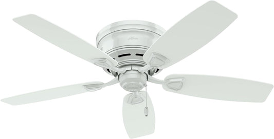 48 Inch Outdoor or Indoor Ceiling Fan No Light - Low Profile Mount, White Ceiling Fan without Light, for Patio, Porch, Garage, or Living Room, 5 Blades, Pull Chain - Sea Wind 53119, White