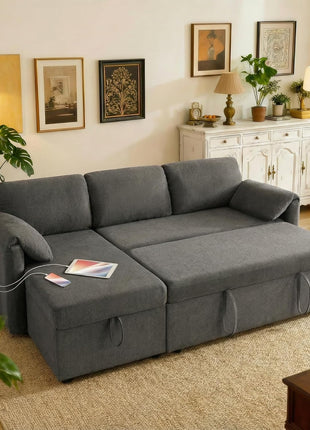 Versatile 83-Inch Pull-Out Sleeper Sofa with USB Charging and Storage Chaise - Stylish Convertible Couch for Compact Living Spaces - Dark Gray