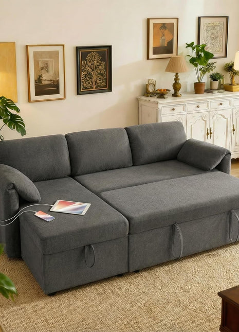 Versatile 83-Inch Pull-Out Sleeper Sofa with USB Charging and Storage Chaise - Stylish Convertible Couch for Compact Living Spaces - Dark Gray