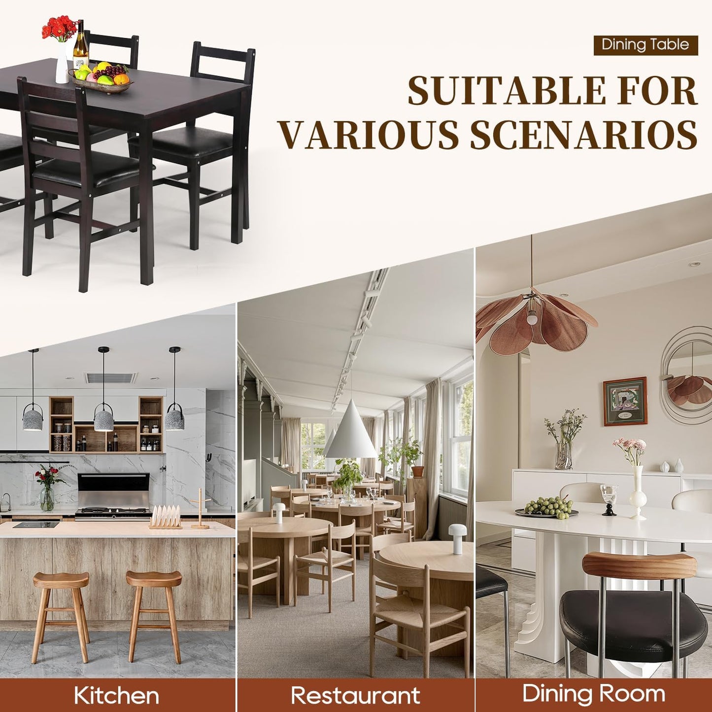 | 5-Piece Solid Wood Dining Table Set for 4 | Brown | Space-Saving Design | Smooth Easy-To-Clean Surface | Pine Kitchen Table with Upholstered Chairs | for Dining Room, Apartment, Restaurant