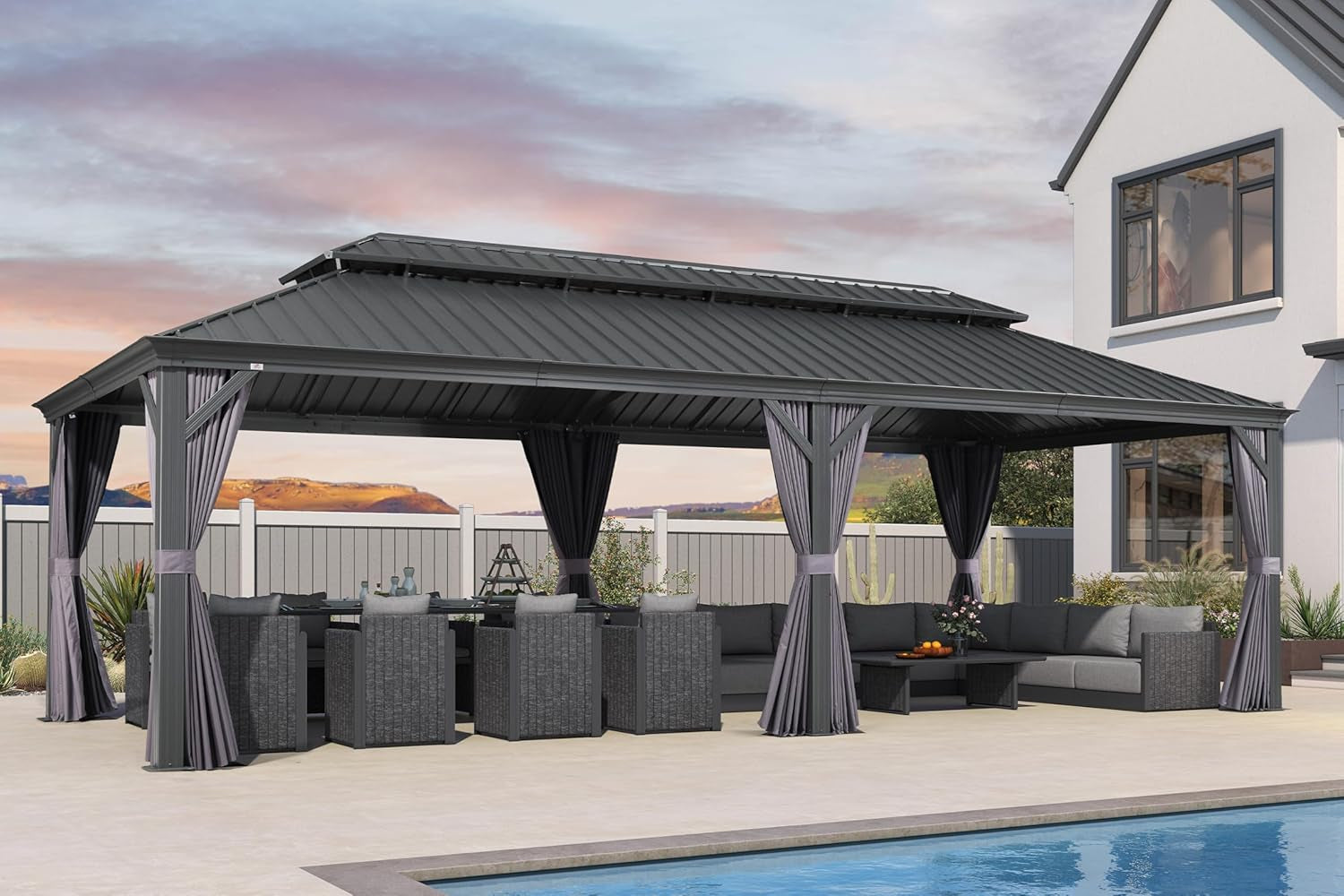 14' X 28' Outdoor Large Gazebo Permanent Hardtop Gazebo with Galvanized Steel Double Roof for Patio Lawn and Garden, Curtains and Netting Included Grey