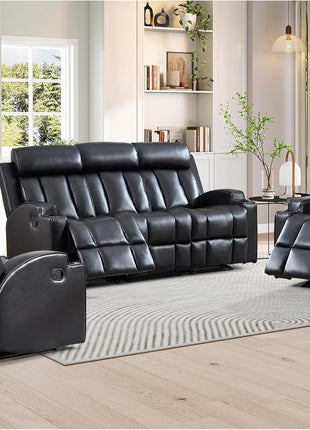 Premium PU Leather Manual Recliner Chair for Adults with Cup Holders and Padded Backrest, Overstuffed Heavy Duty Reclining Sofa for Living Room and Bedroom, Black
