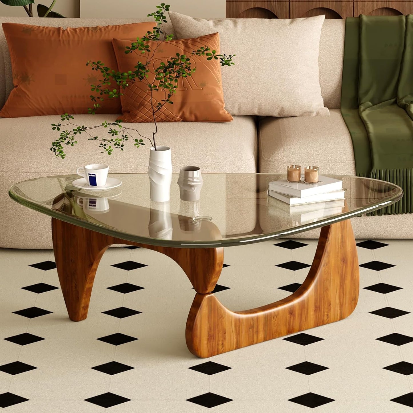 Coffee Table for Living Room Mid Century Modern Center Table with Glass Top, Walnut Transparent