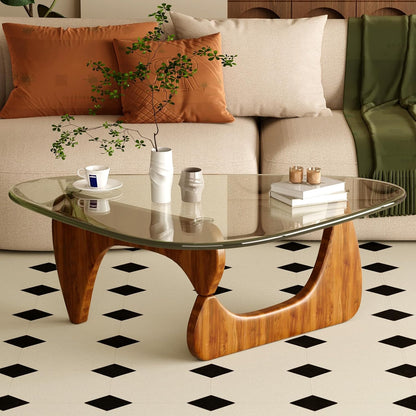 Coffee Table for Living Room Mid Century Modern Center Table with Glass Top, Walnut Transparent