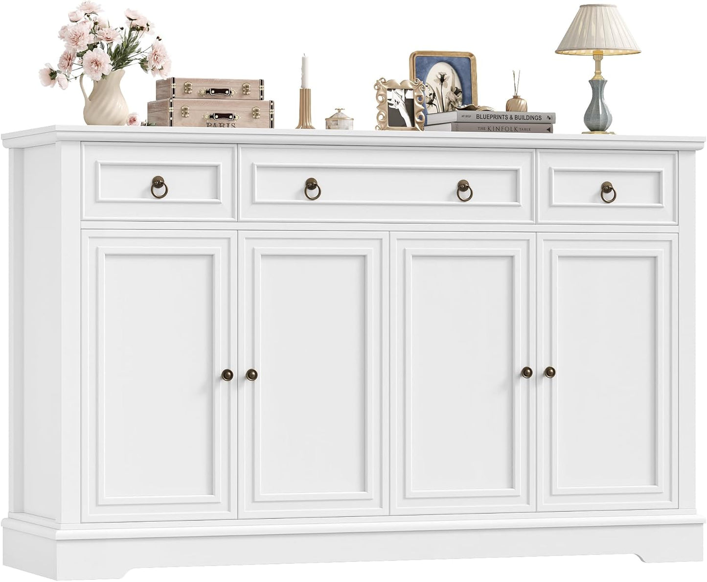 Buffet Cabinet with Storage, 52.7" Large Sideboard Buffet Cabinet, White Kitchen Cabinet with 3 Drawers and 4 Doors, Wood Coffee Bar for Kitchen Dining Room, White