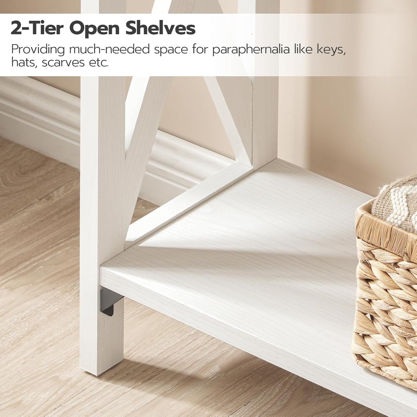 Narrow Console Table, Small Entryway Table, Farmhouse Sofa Table with 2 Open Shelves, for Hallway, Living Room, White and Greige WG08XG01