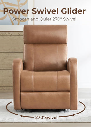 Genuine Leather Electric Power Recliner Chair for Adults, FSC Certified Swivel Glider in Camel Brown for Living Room Use