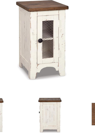 Wystfield Farmhouse Chairside End Table with Storage Cabinet in Distressed White and Brown Finish by Signature Design by Ashley