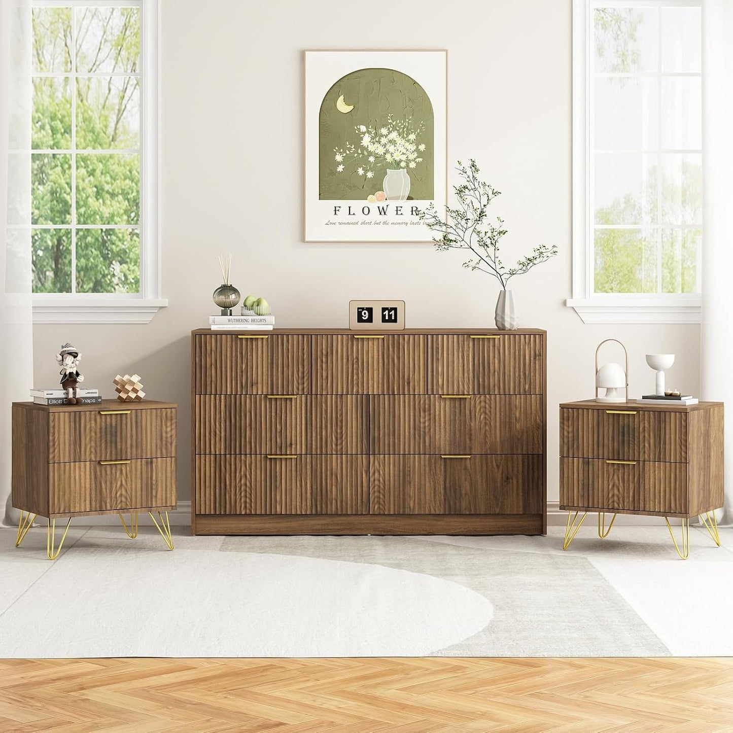 7 Drawer Dresser and Nightstand Sets for Bedroom, 3 Pcs Bedroom Set，Night Stand Set of 2 & 7 Drawer Dresser with Gold Handles, Wood Chest of Drawers Mid Century Storage Cabinet Set, Natural