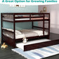 Full over Full Bunk Bed with Trundle, Solid Wood Trundle Bed Frame W/Guardrails and Ladder, Convertible to 2 Beds, Full Size Bunk Beds for Adults Kids Teens, No Box Spring Needed,Espresso