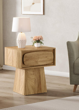 Contemporary Wooden End Table with Storage Drawer and Curved Handle for Living Room and Bedroom, Perfect for Compact Spaces (Natural Wood Finish)