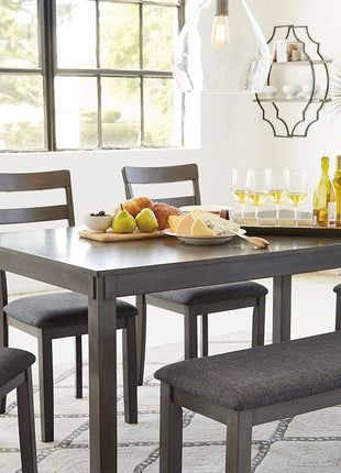 Bridson 6-Piece Dining Table Set by Signature Design by Ashley - Charcoal Gray Wood Table with Upholstered Chairs and Bench for Transitional Dining Spaces