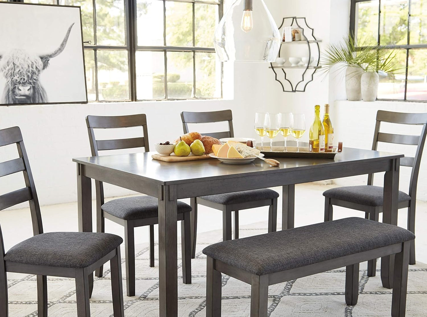 Bridson 6 Piece Dining Set, Includes Rectangular Dining Table, 4 Ladderback Chairs & Bench, Wood, 36" W X 60.13" D X 30" H, Gray