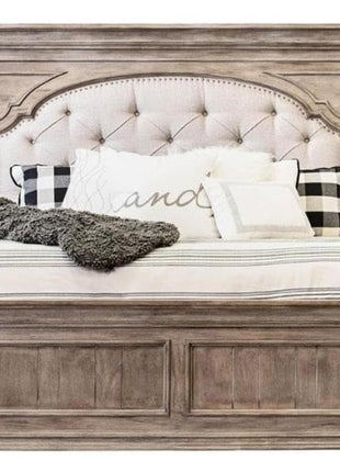 Highland Park 83.5" x 90" Farmhouse Wood and Fabric Upholstered King Bed with Button-Tufted Headboard and Low Vertical Planked Inset Footboard in Driftwood Gray Finish by  Company