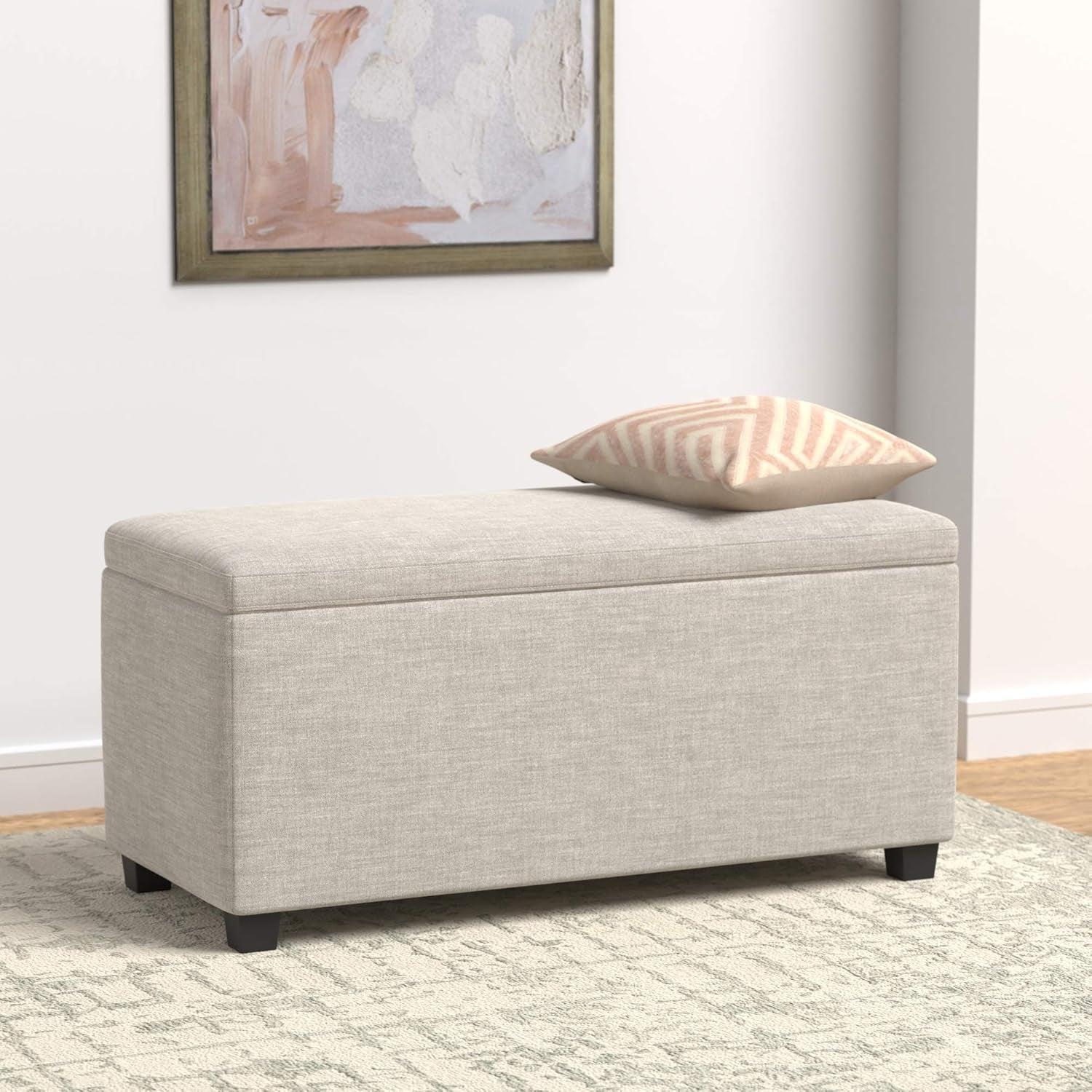 Upholstered Storage Rectangular Ottoman and Entryway Bench, Polyester, Beige, 35.5"W X 16.5"D X 17"H