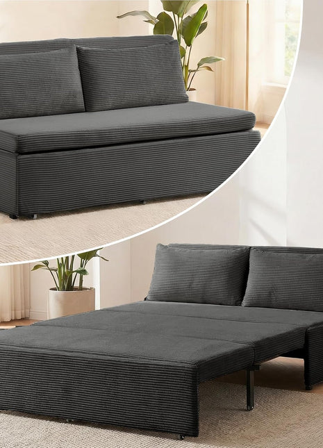 Elegant 3-in-1 Queen Size Pull-Out Sofa Bed - Plush Corduroy Couch with Tri-Fold Mattress and Pillows for Compact Living - Dark Grey