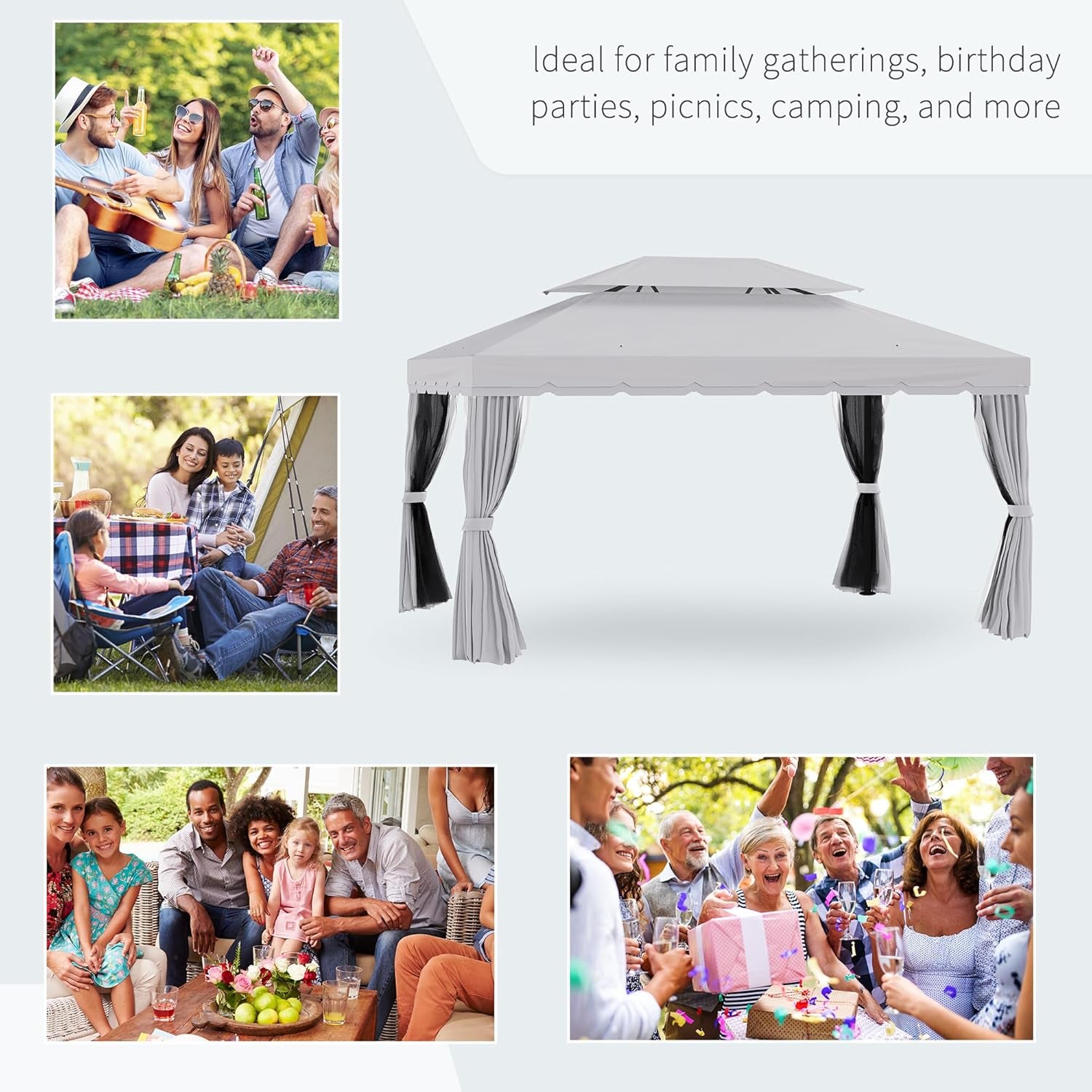 10' X 13' Patio Gazebo, Outdoor Gazebo Canopy Shelter with Netting and Curtains, Aluminum Frame for Garden, Lawn, Backyard and Deck, Light Gray