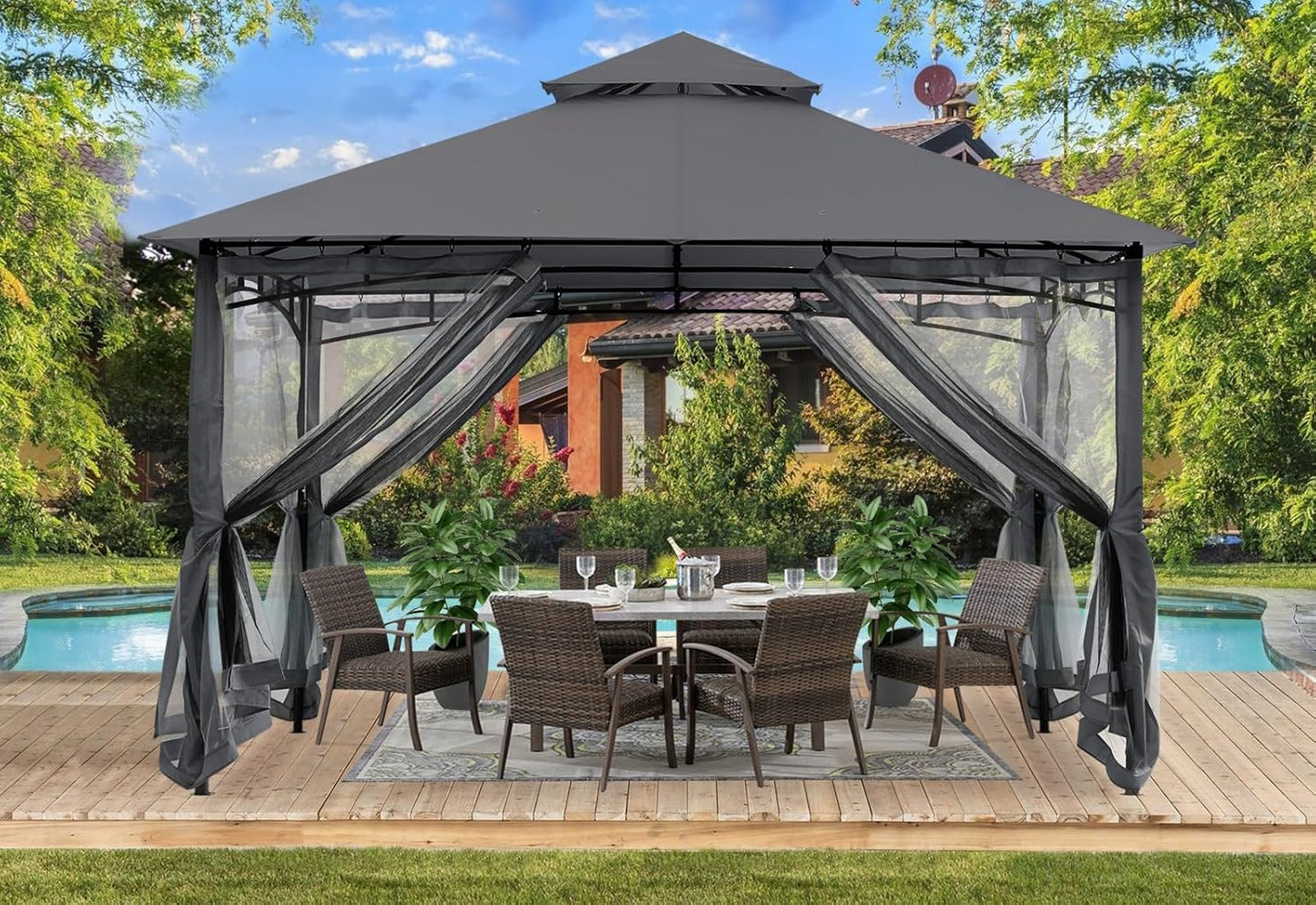 Gazebos for Patios 8X8 - Outdoor Steel Frame Gazebo with Mosquito Netting for Lawn Backyard Garden Deck (Dark Gray)