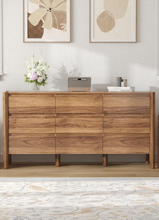 3-Piece Bedroom Dresser Set: 9-Drawer Dresser and 2 Nightstands in 47" Wide Walnut Finish with Solid Wood Cylindrical Legs, Rustic Wooden Storage Solution for Bedroom