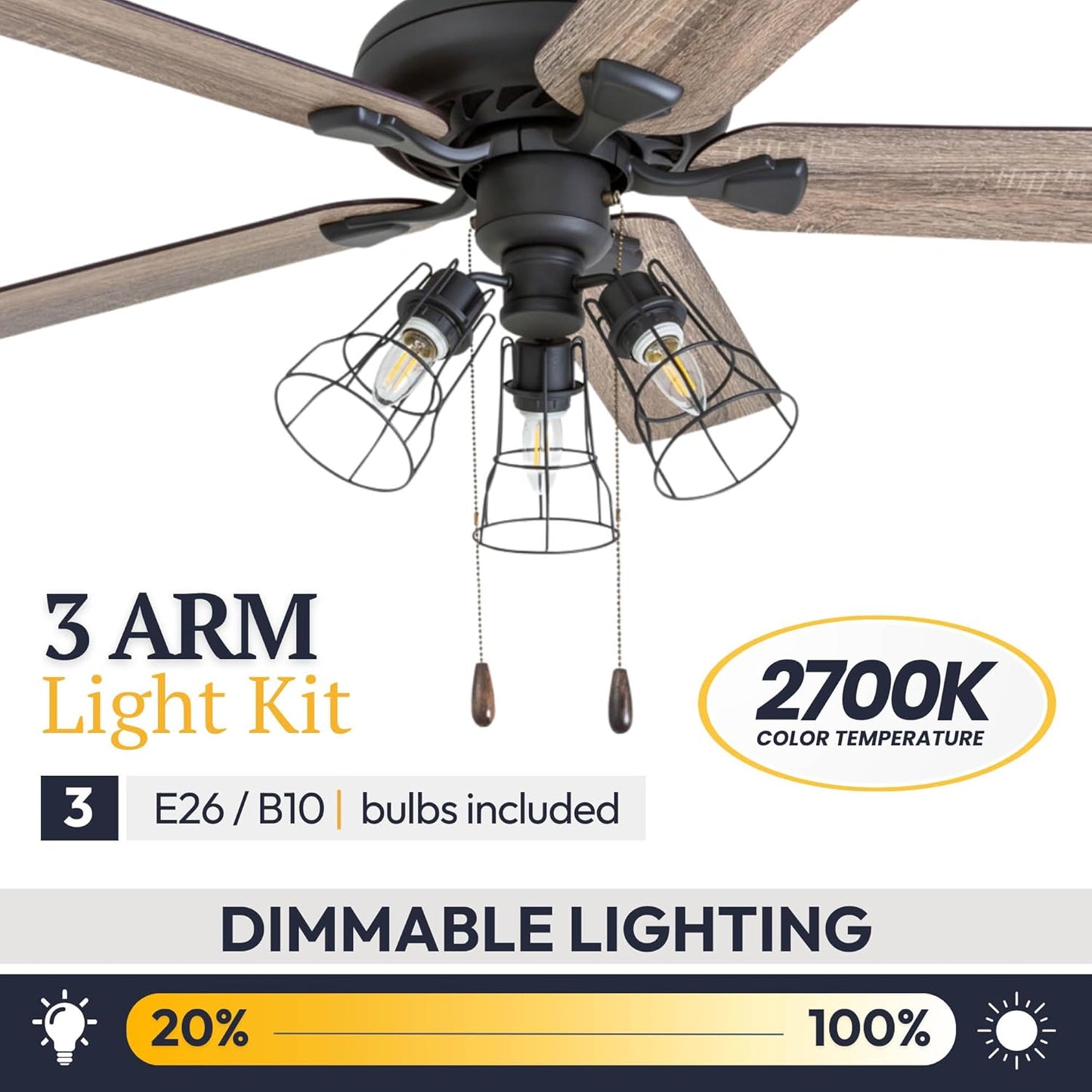 Lincoln Woods, 52 Inch Industrial Style LED Ceiling Fan with Light, Pull Chain, Three Mounting Options, 5 Dual Finish Blades, Reversible Motor - 50581-01 (Bronze)