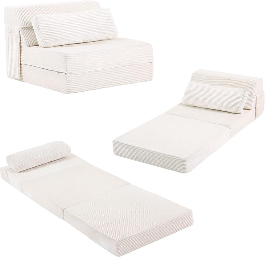 Folding Sofa Bed with Pillow, Memory Foam Fold Out Chair Bed, Single Size Convertible Chair Floor Couch & Sleeping Mattress, Foldable Sleeper Sofa Bed for Guest Room, Living Room, Beige