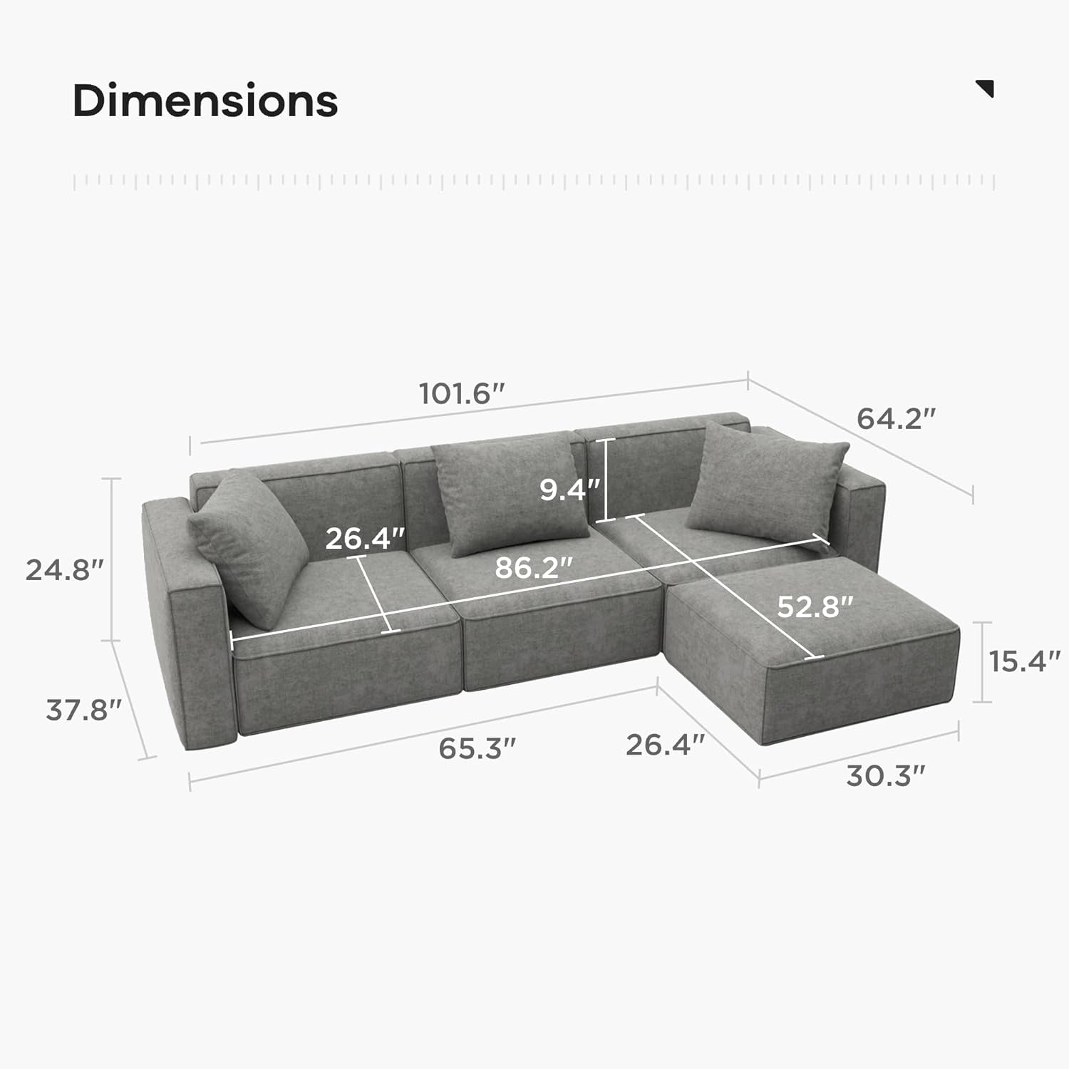 Luxury Modular Sectional Living Room Sofa Set, Modern Minimalist Style Couch with Ottoman and Chaise, L-Shape, Grey