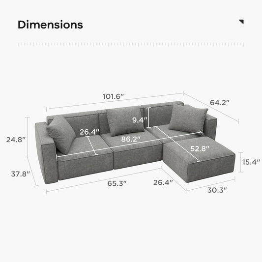 Luxury Modular Sectional Living Room Sofa Set, Modern Minimalist Style Couch with Ottoman and Chaise, L-Shape, Grey
