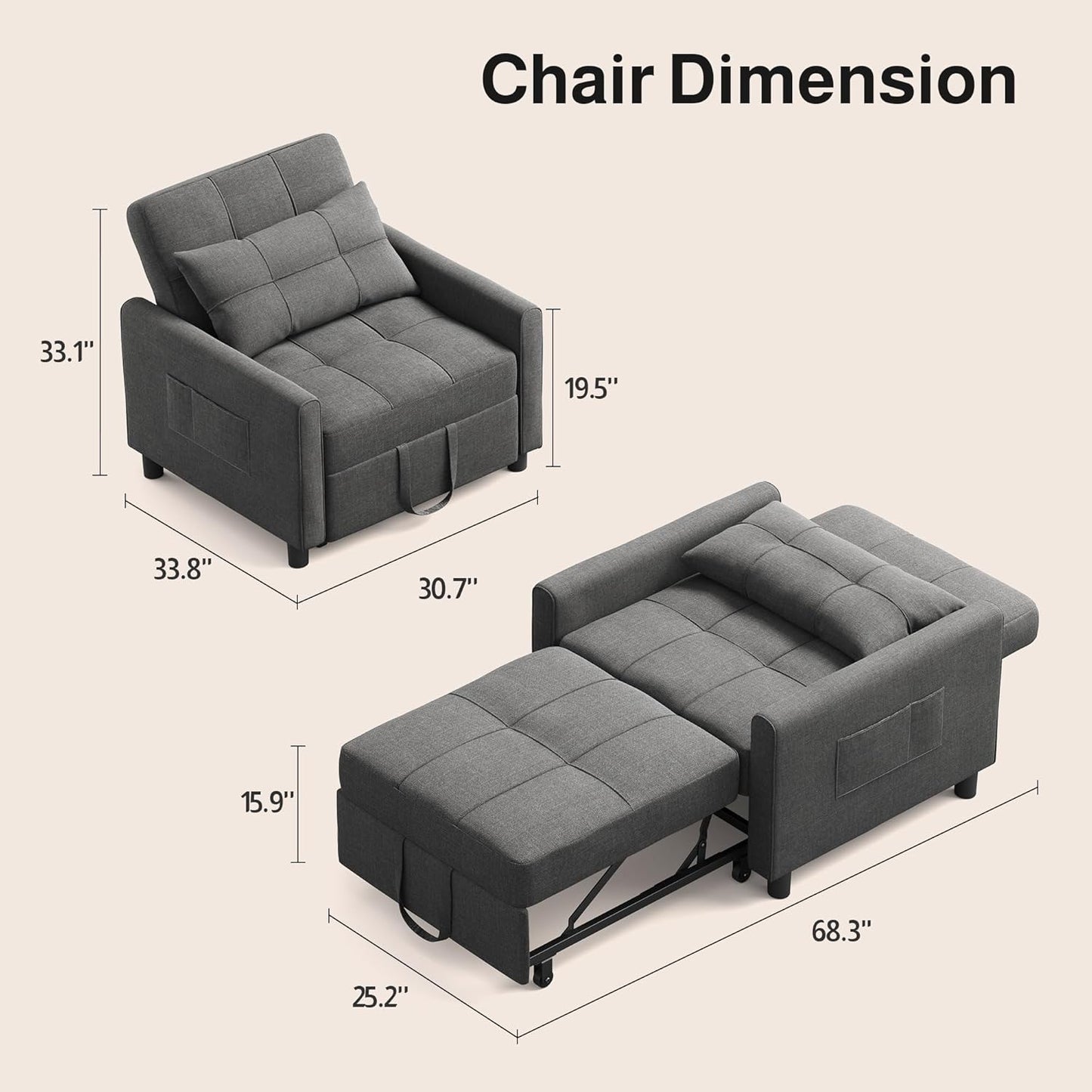 Convertible Sofa Bed, 3-In-1 Multi-Functional Sleeper Chair Bed, Adjustable Backrest Recliner with Modern Linen Fabric for Living Room Bedroom Apartment Small Space, Dark Grey