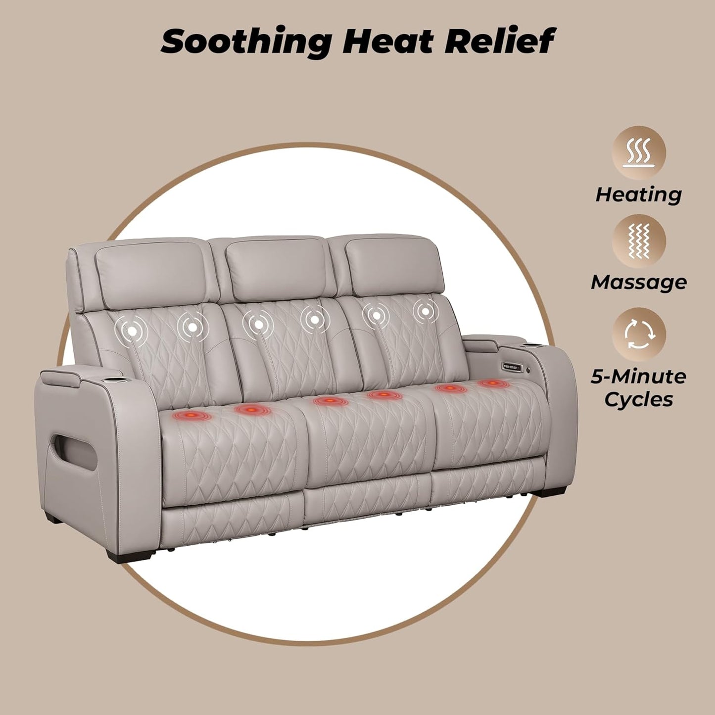 Boyington Contemporary Leather Match Power Reclining Sofa with USB Charging Ports, LED Lights and Adjustable Headrest, Light Gray