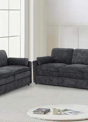 Chenille Upholstered Sofa Set in Dark Grey - 2-Piece Collection with Comfortable 3-Seat Couch and Loveseat, Featuring Thick Cushions and Deeper Seats for Enhanced Comfort in Living Room or Apartment