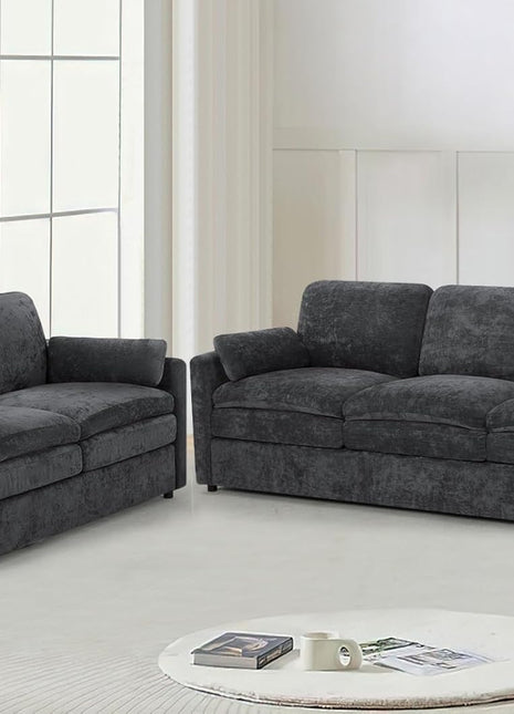 Chenille Upholstered Sofa Set in Dark Grey - 2-Piece Collection with Comfortable 3-Seat Couch and Loveseat, Featuring Thick Cushions and Deeper Seats for Enhanced Comfort in Living Room or Apartment