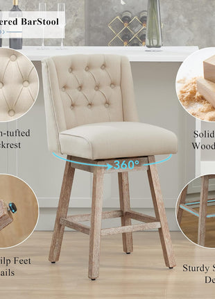 Set of 2 Contemporary 26" Swivel Bar Stools with Backrest, Linen Upholstered Counter Height Seating with Wooden Legs for Kitchen Island and Dining Area