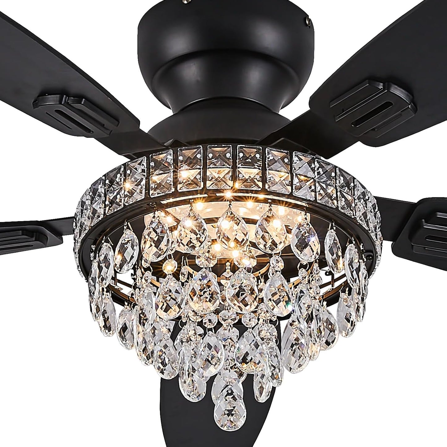 Crystal Ceiling Fan Fandelier with Lights-Ceiling Fans with Lights,50" Low Profile and Remote Control, Flush Mount, Reversible, Dimmable, Noiseless, Black Ceiling Fan for Bedroom