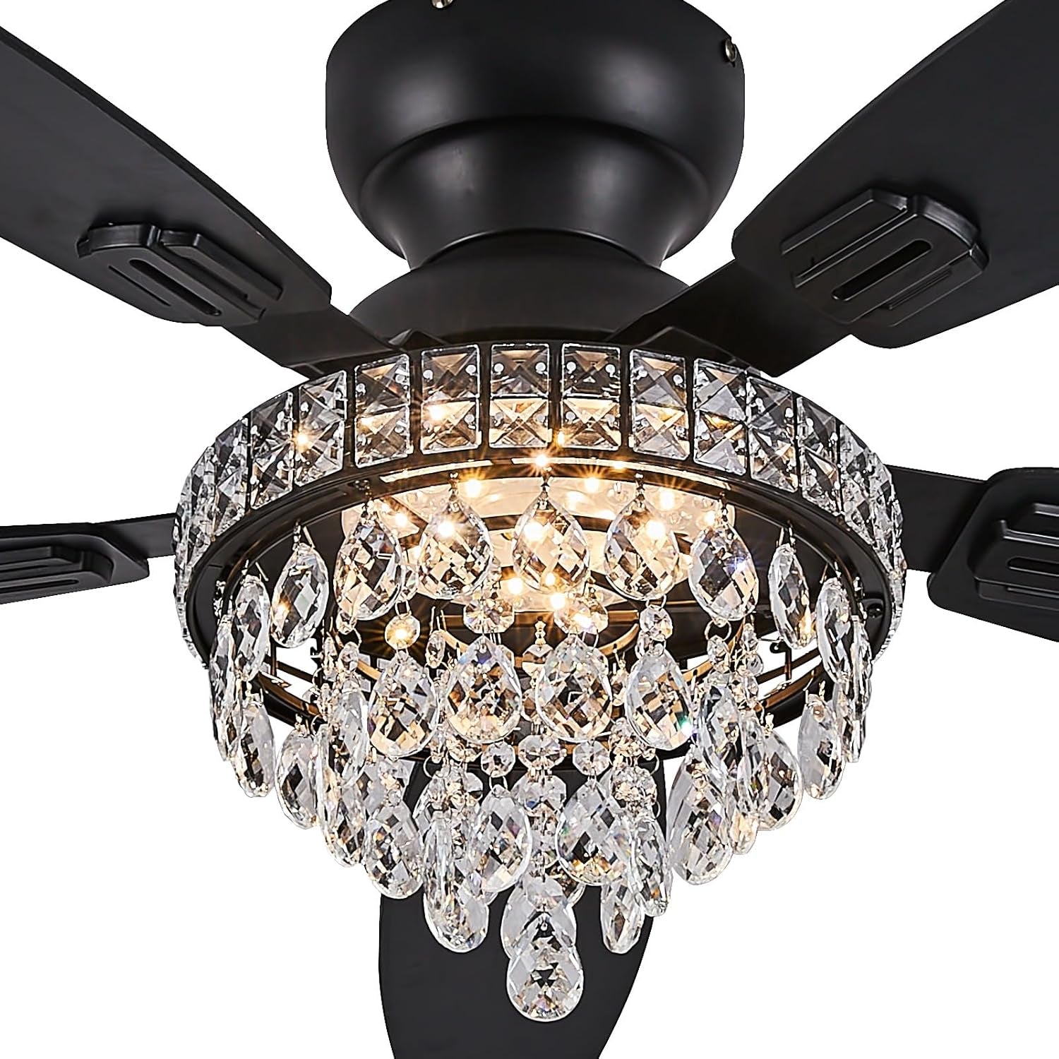 Crystal Ceiling Fan Fandelier with Lights-Ceiling Fans with Lights,50" Low Profile and Remote Control, Flush Mount, Reversible, Dimmable, Noiseless, Black Ceiling Fan for Bedroom