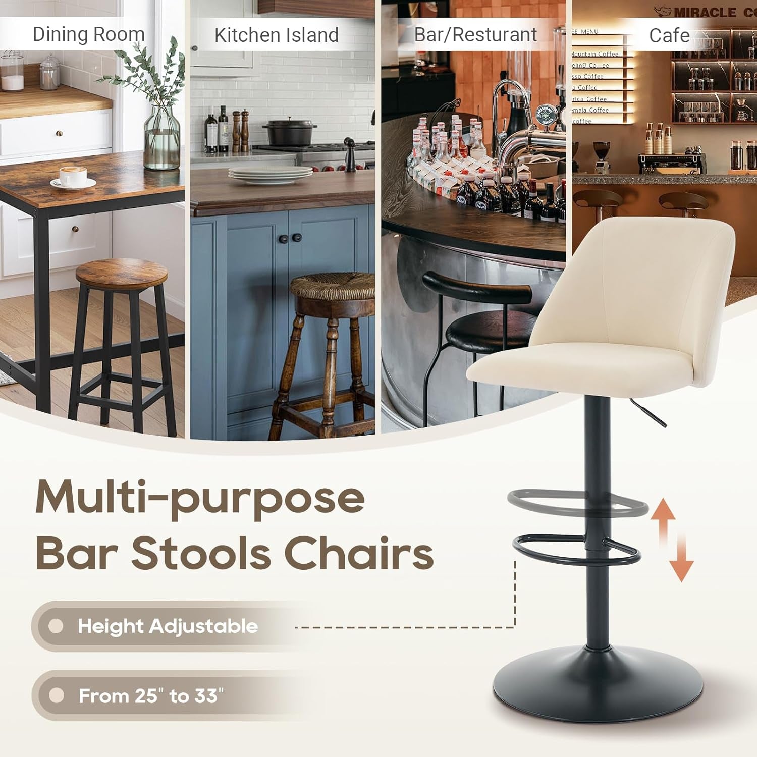 Bar Stools Set of 2, Modern Swivel Bar Chairs, Adjustable Upholstered Barstools Counter Height with Full Backrest for Bar, Dining Room, Kitchen Island, Beige