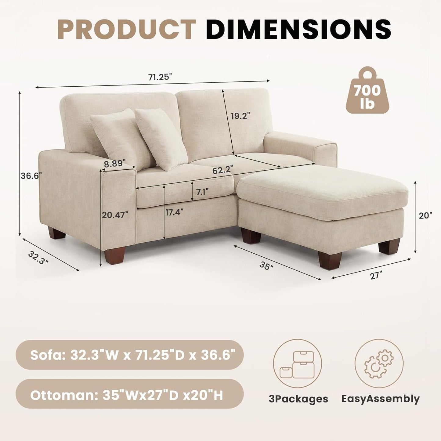 L-Shaped Sectional Sofa with Storage Ottoman, Modern Chenille Recliner Loveseat, Removable Couch Covers, Pocket Spring Cushions, Solid Wood Frame, Easy to Install (71.25Inch, Beige)