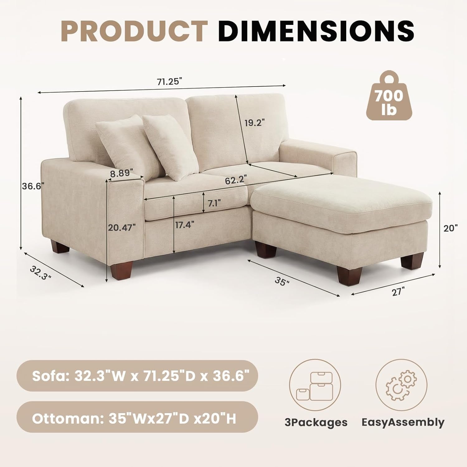 L-Shaped Sectional Sofa with Storage Ottoman, Modern Chenille Recliner Loveseat, Removable Couch Covers, Pocket Spring Cushions, Solid Wood Frame, Easy to Install (71.25Inch, Beige)