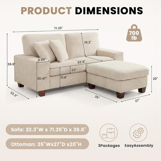 L-Shaped Sectional Sofa with Storage Ottoman, Modern Chenille Recliner Loveseat, Removable Couch Covers, Pocket Spring Cushions, Solid Wood Frame, Easy to Install (71.25Inch, Beige)