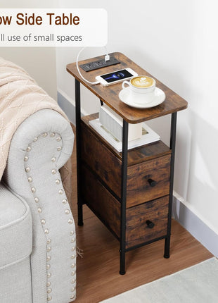 Narrow Nightstand Set with Charging Station - Pair of Slim End Tables for Living Room and Bedroom, Rustic Brown Finish with Fabric Drawers, Perfect for Compact Spaces