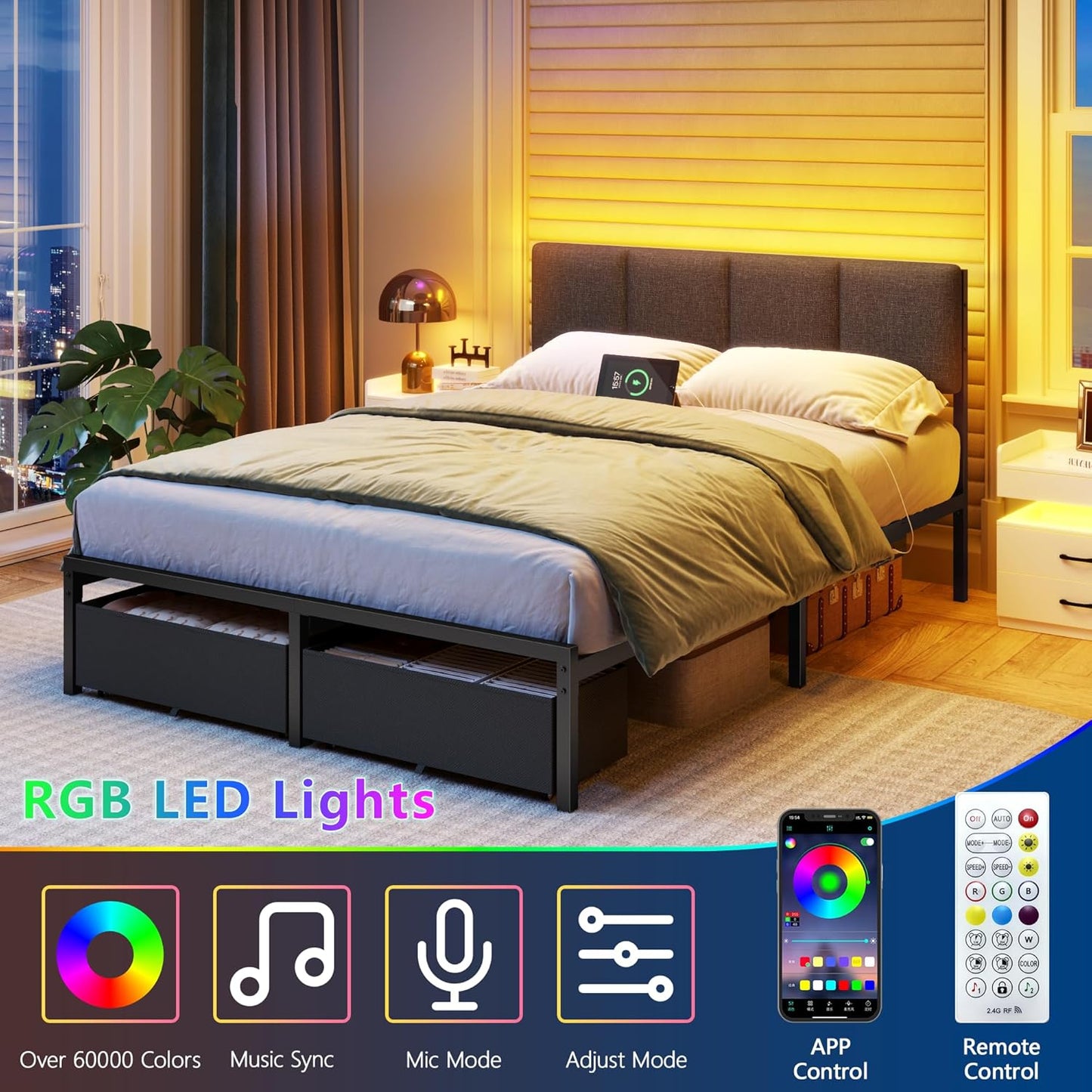 Full Size Bed Frame with Headboard, Upholstered Full Bed Frame with LED Light, USB Charging Station, Platform Bedframe with 2 Fabric Underbed Storage Drawers, No Spring Box Needed