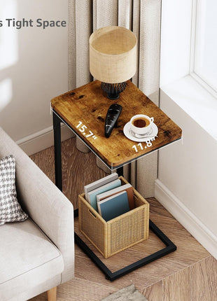 C-Shaped Side Table Set of Two in Rustic Brown Farmhouse Design for Living Room (Model 017-30BN)
